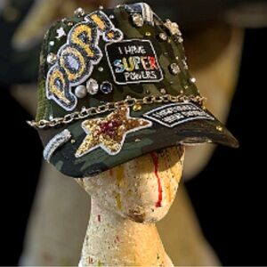 Trucker Embellished Green Trucker Hat with Patches and stones .